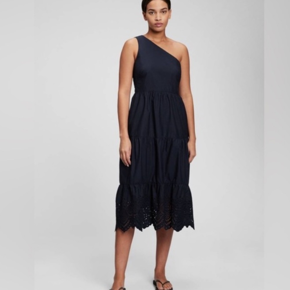 NWT Gap Midi Dress 14 Blue Navy One Shoulder Eyelet Ruffle Cottage Boho Pockets